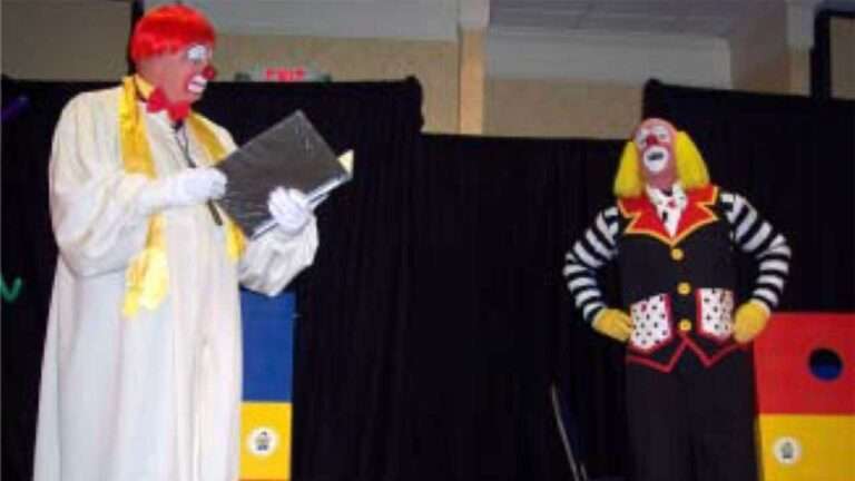Two clowns performing a skit